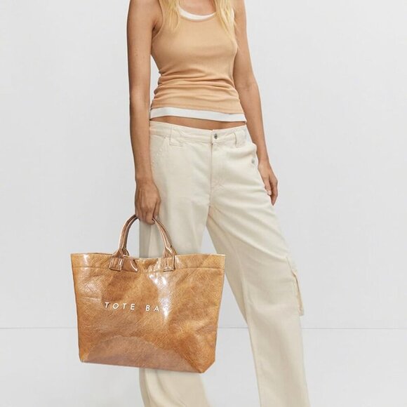 PVC Tote Bag Women Kraft Paper Letters Print Large Capacity Purse Handbag - Picture 5 of 7